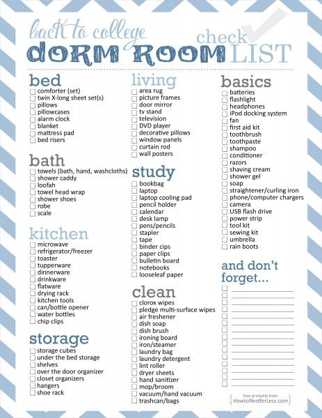 Dorm Room Checklist - Free Printable