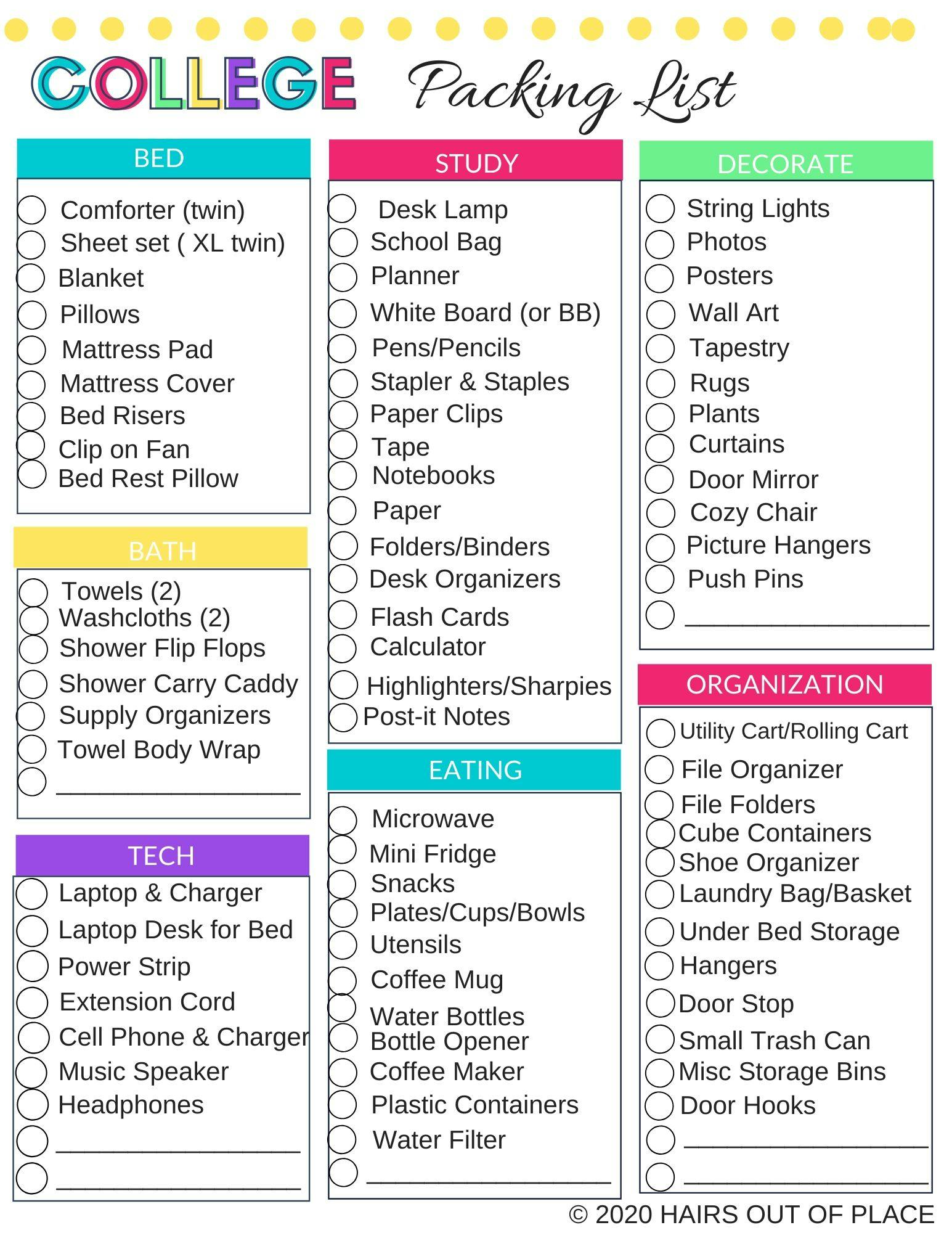printable list for college dorm