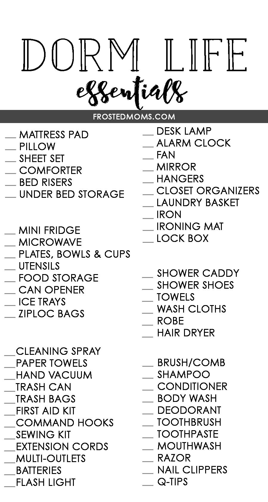 printable list for college dorm