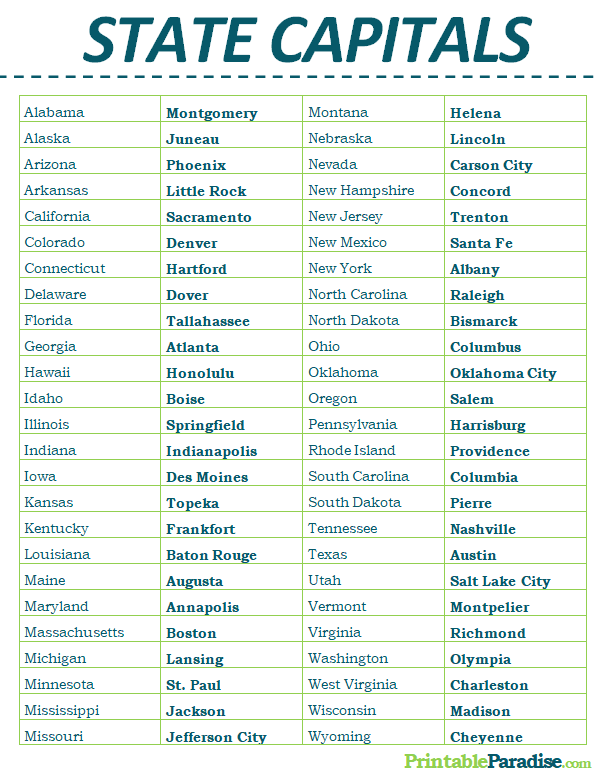printable list of 50 states and capitals