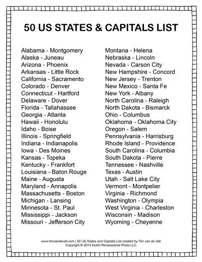 Printable States and Capitals List | Social Studies Study Guides