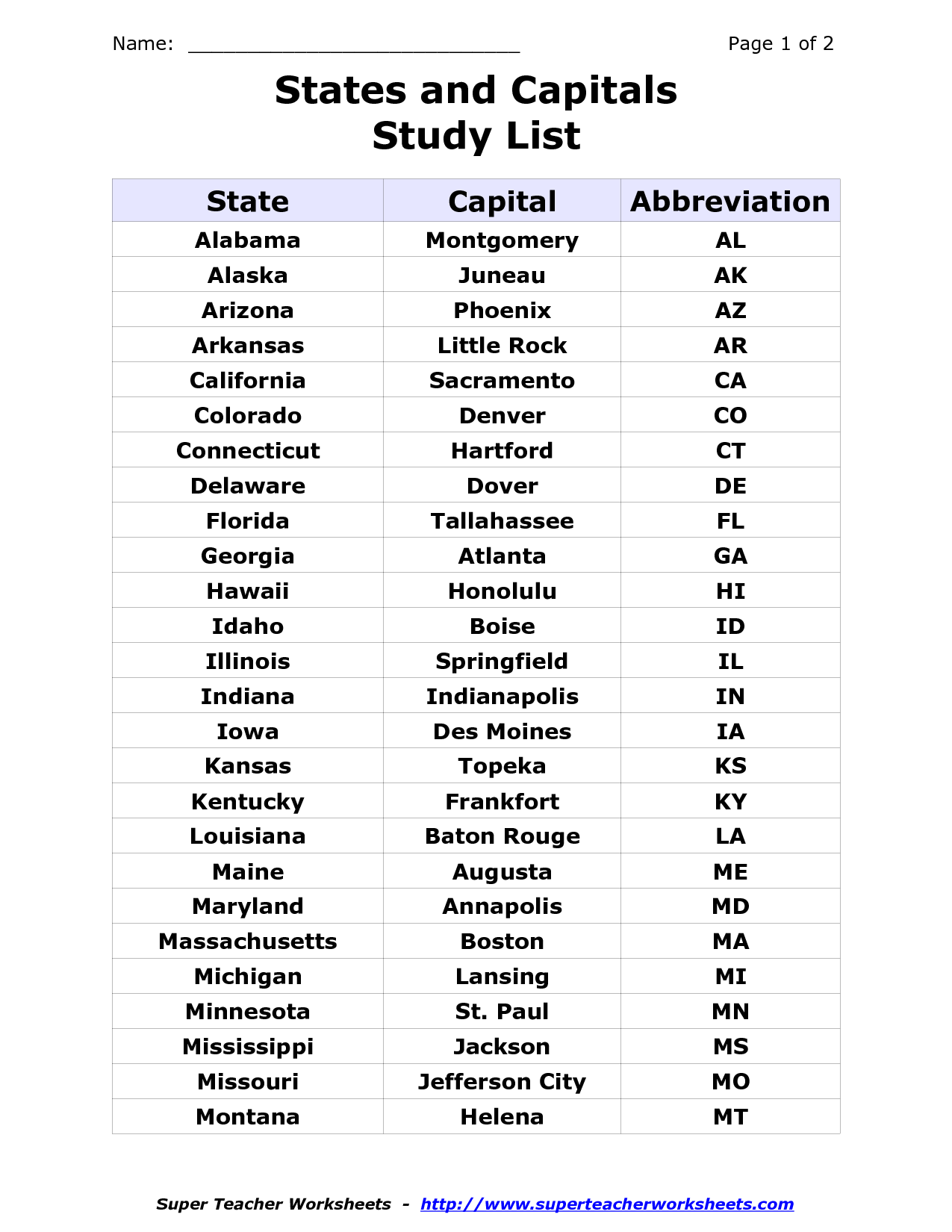 printable list of 50 states and their capitals