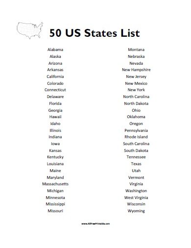 printable list of 50 states