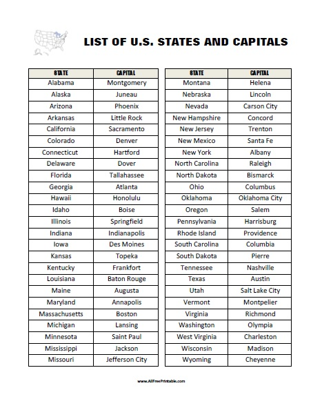 printable list of 50 states