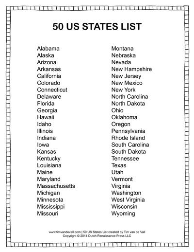 printable list of 50 states