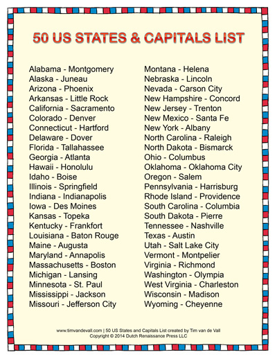 printable list of the 50 states and capitals