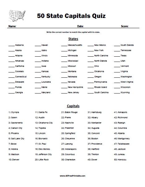 printable list of the 50 states and capitals