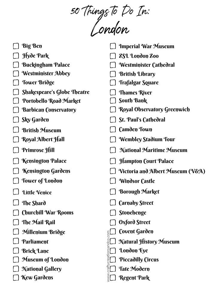 printable list of things to do in london