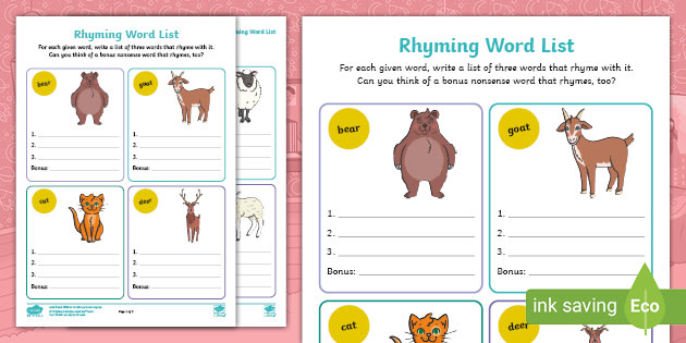 Rhyming Words List Worksheet - Phonics - Twinkl NZ - Twinkl
