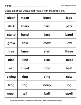 Rhyming Words: Basic Skills Practice | Printable Skills Sheets