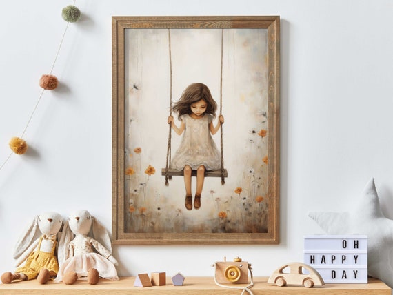 Vintage Girls Room Print, Little Girl on a Swing, Girly Wall Art ...