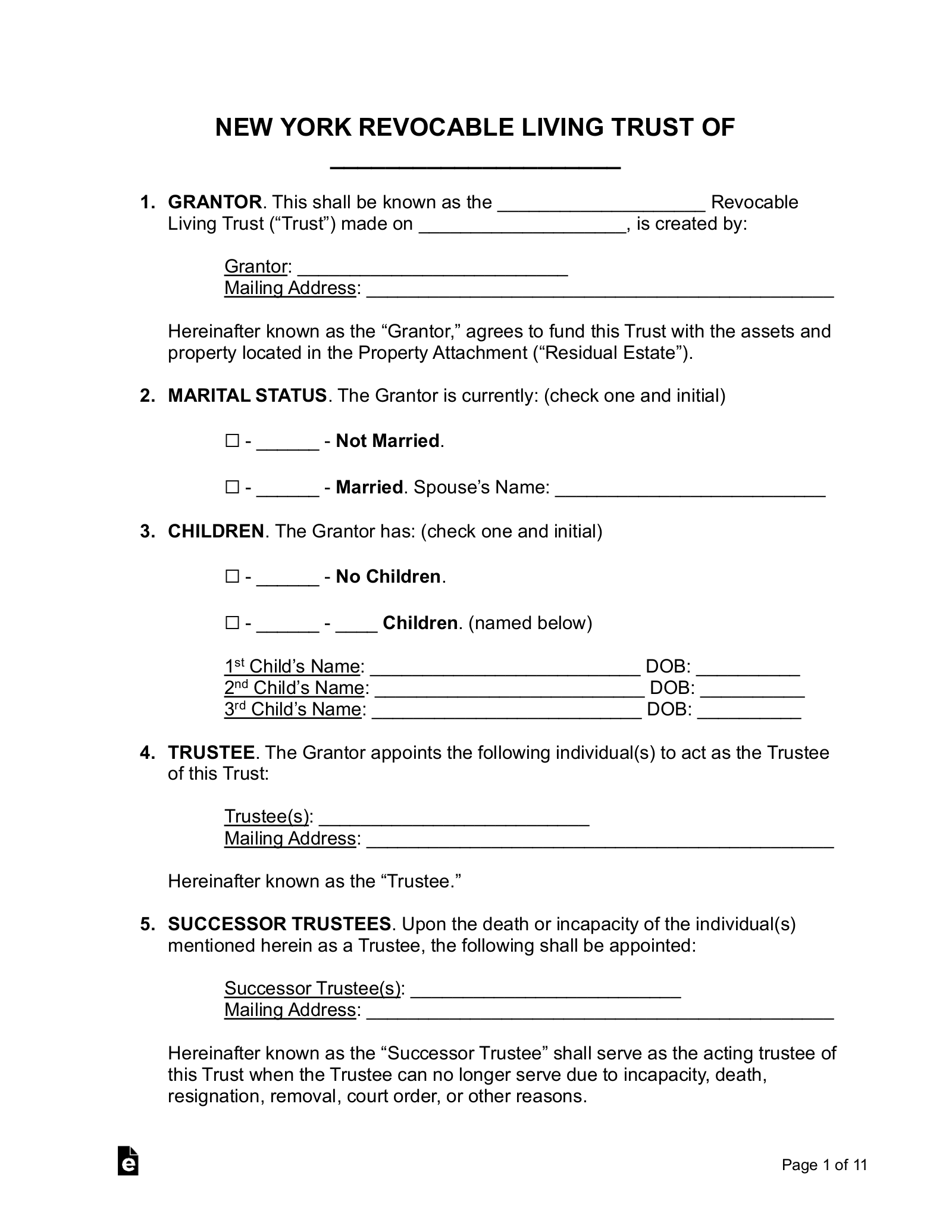 Free New York Living Trust Form (Revocable) - PDF | Word - eForms
