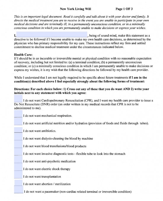 New York Living Will Form (Advance Directive) : Living Will Forms