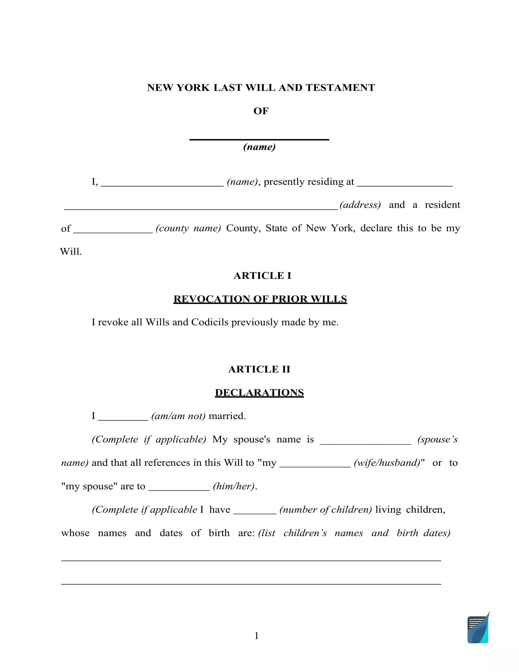Fillable New York Last Will and Testament Form [Free] | FormsPal
