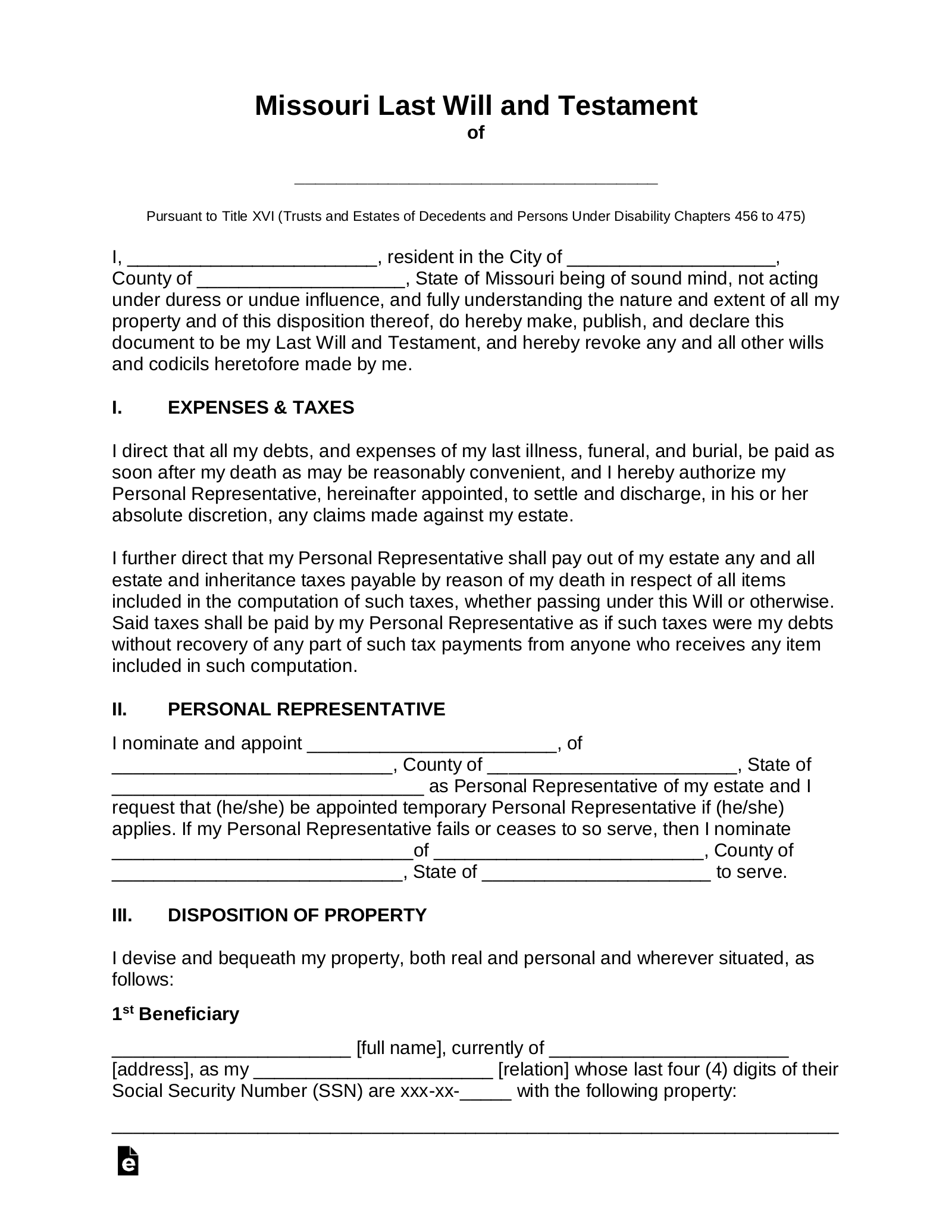 Free Missouri Last Will and Testament Template - PDF | Word - eForms