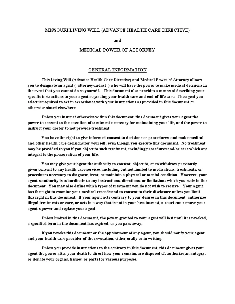 Free Missouri Living Will Form | FormsPal