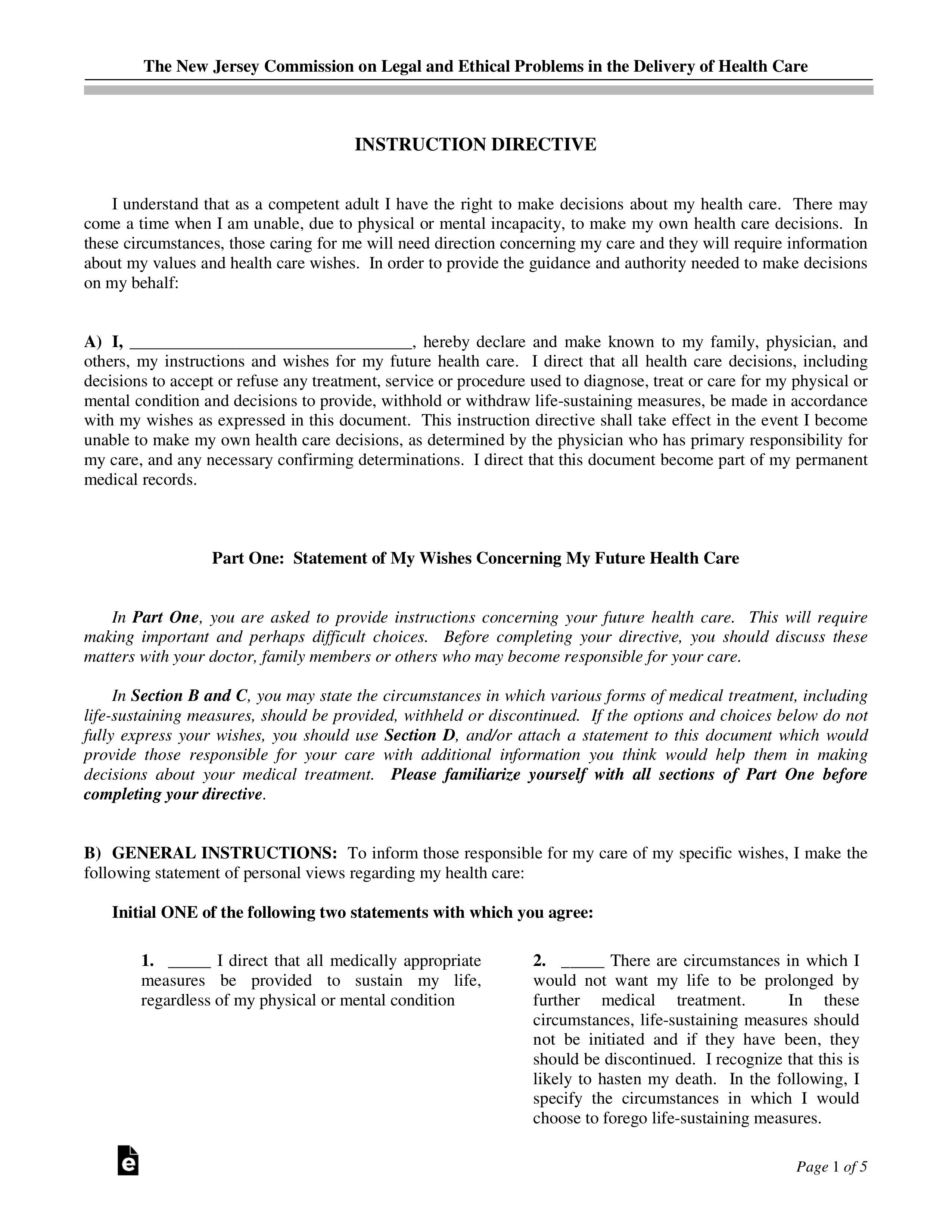 Free New Jersey Living Will Form (Instruction Directive) Template ...