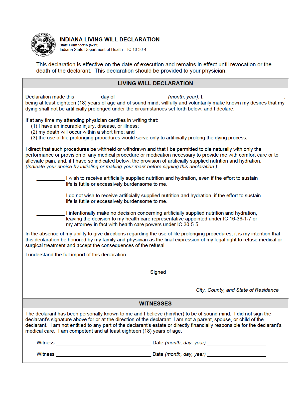 Free Indiana Living Will Form | PDF