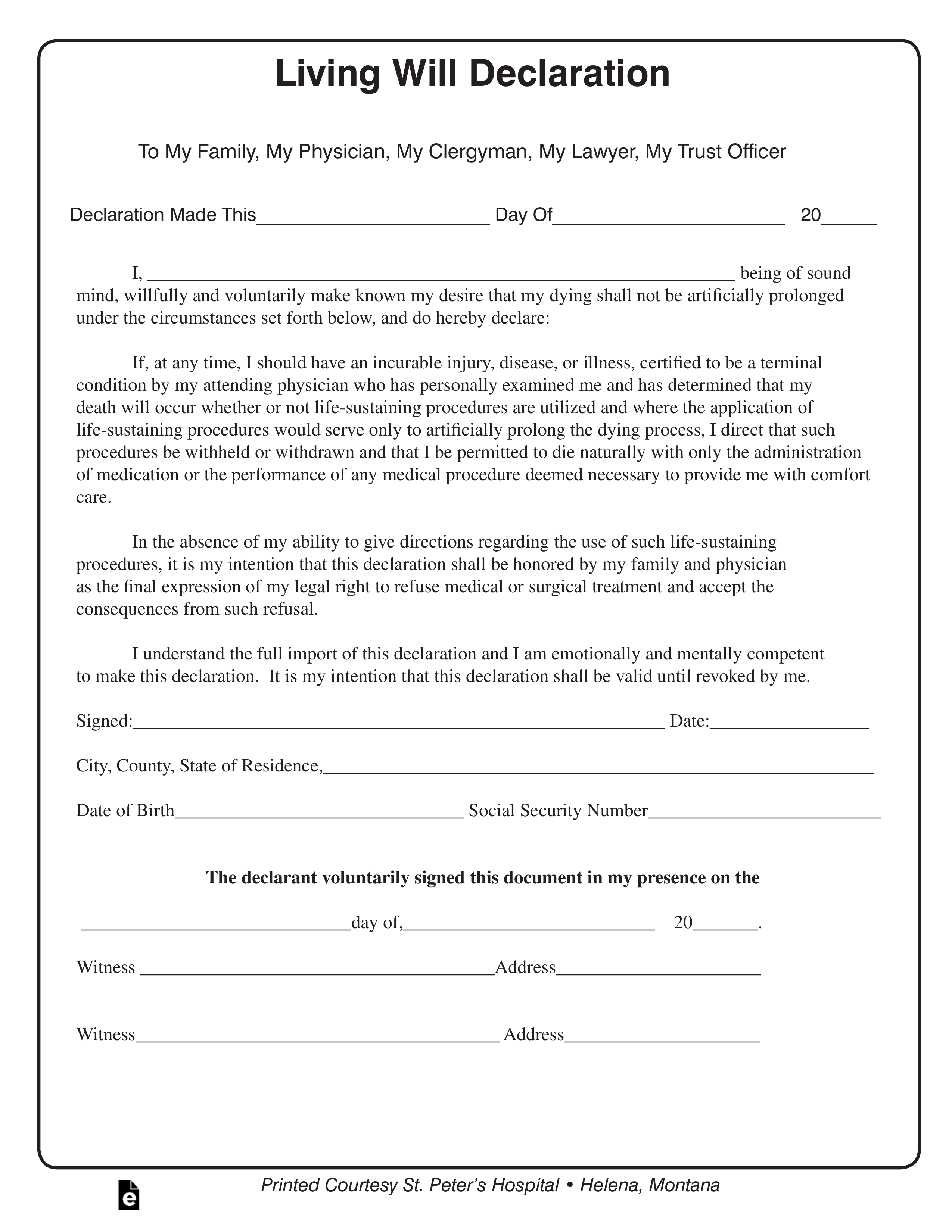 Free Montana Living Will Declaration Form Template - PDF - eForms