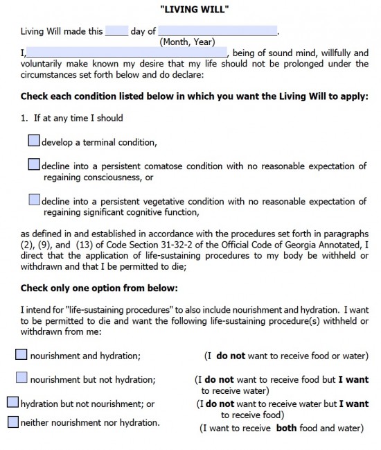 Georgia Living Will Form (Advance Directive) : Living Will Forms
