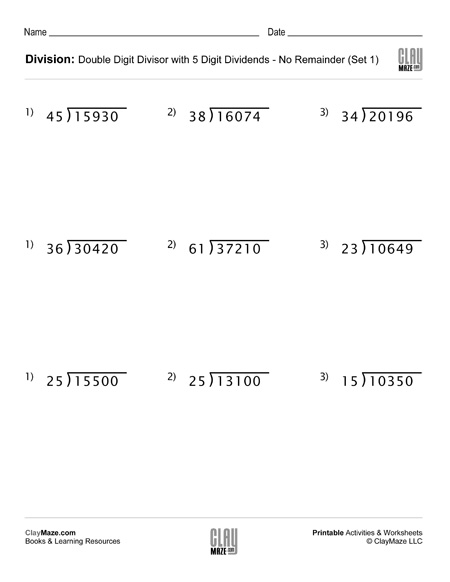 Long Division Worksheet with Double Digit Divisors (Set 1 ...