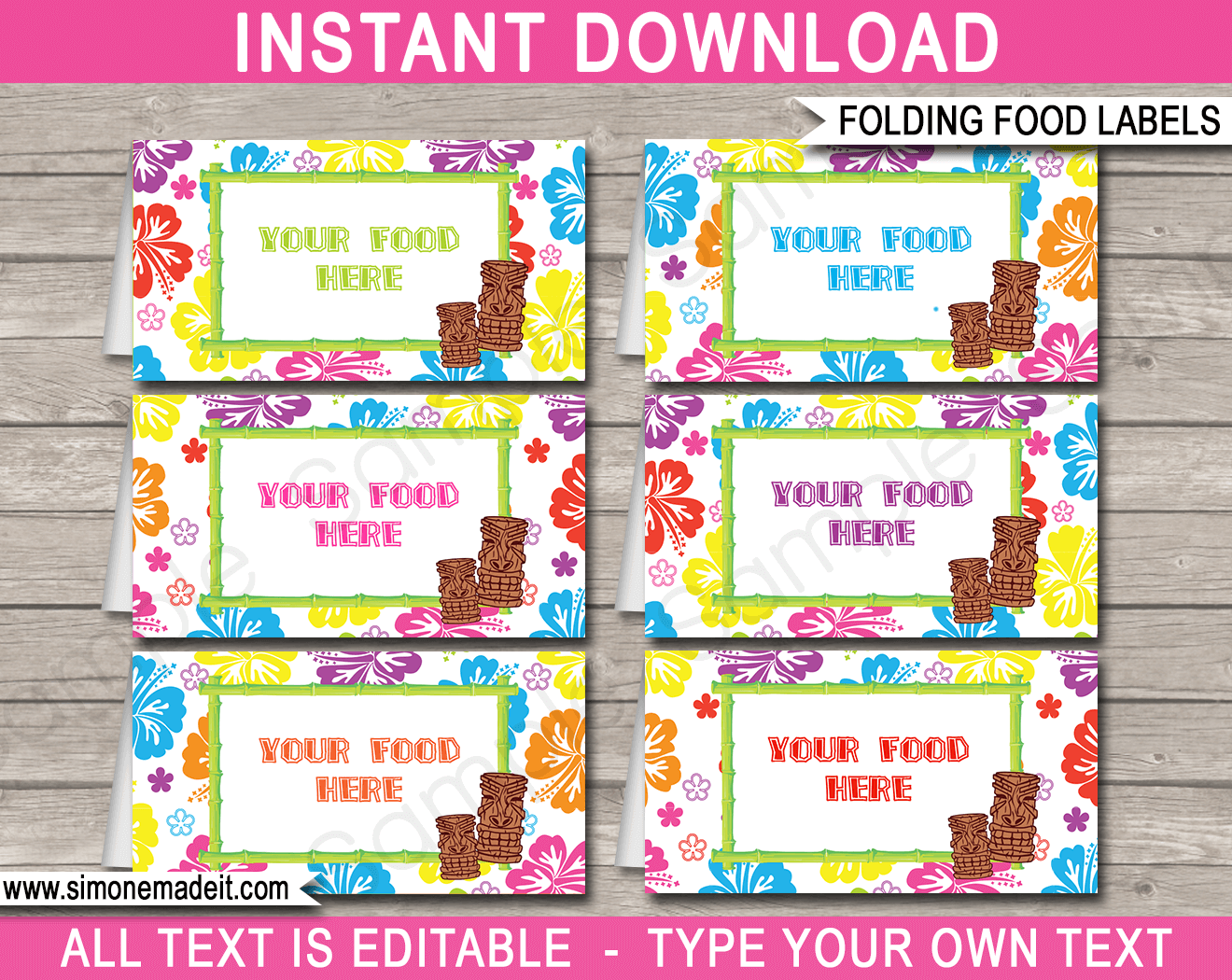 Luau Party Food Labels Template | Printable Place Cards | Birthday ...