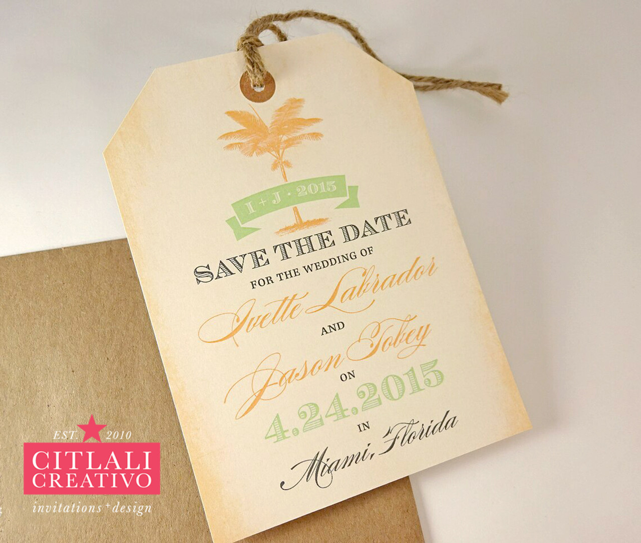 Palm Tree Luggage Tag &  Twine Beach Wedding Save the Dates ...