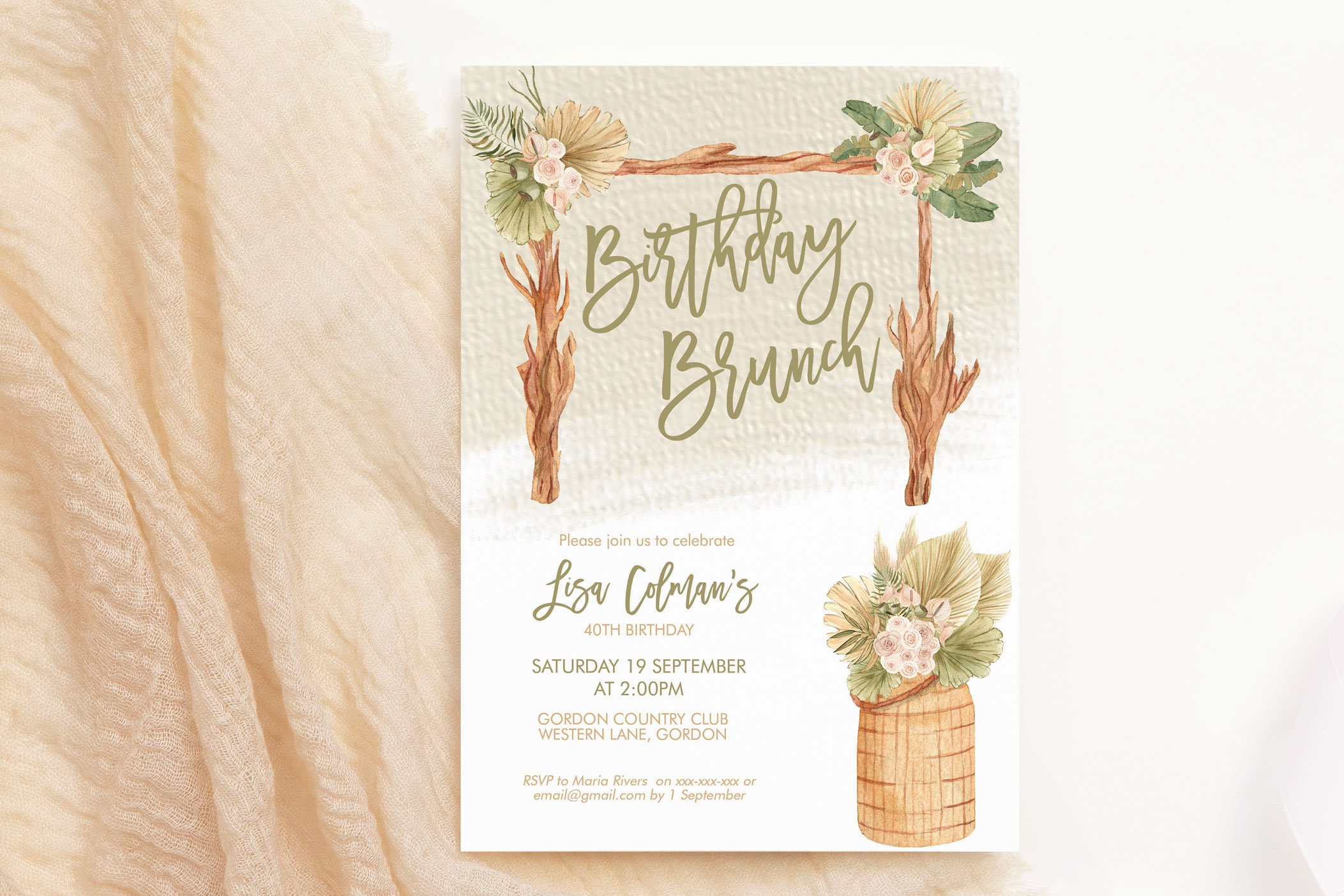 Boho Plants Arch Garden Birthday Invitation, Modern Cream Bamboo ...
