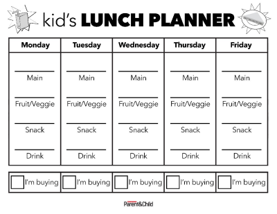 Your Personal Lunch Planner | Worksheets &  Printables