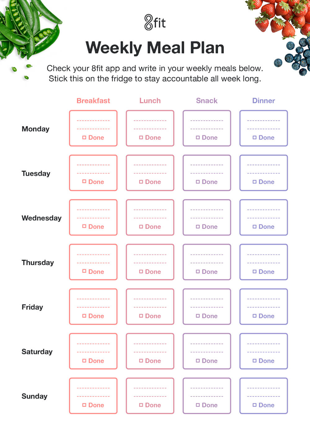 Printable Weekly Meal Planner Template and Grocery List | 8fit