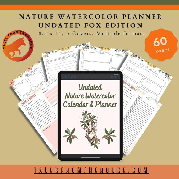 Digital Undated Calendar, Lynx Watercolor Nature Printed Planner ...
