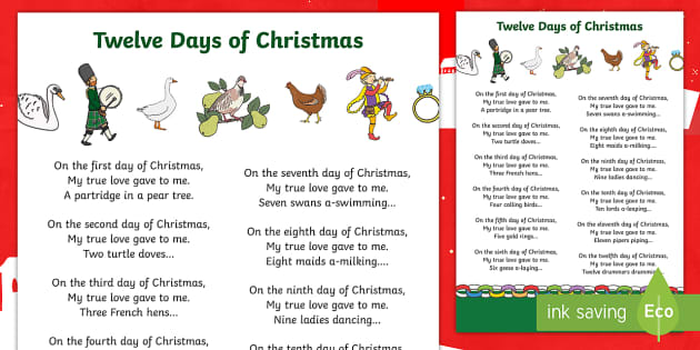 printable lyrics 12 days of christmas
