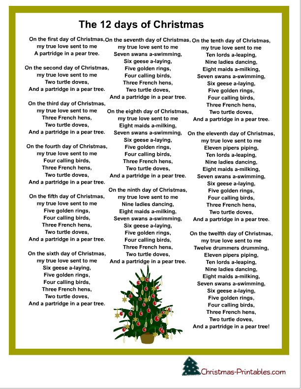 printable lyrics 12 days of christmas