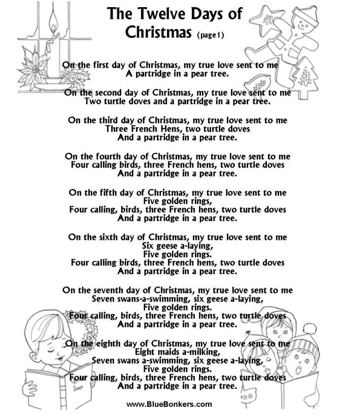 printable lyrics 12 days of christmas