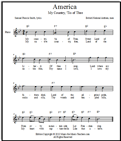 printable lyrics my country tis of thee