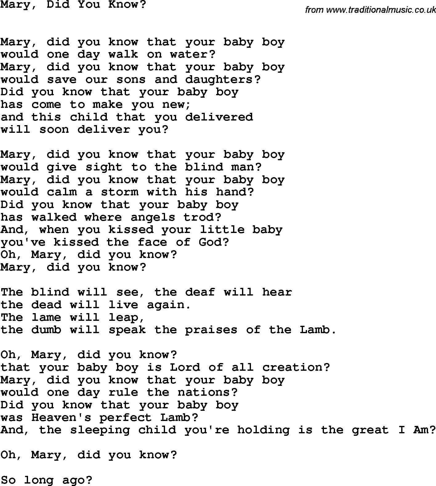 printable lyrics of mary did you know