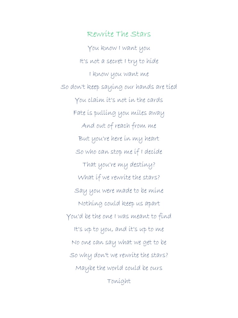 printable lyrics rewrite the stars