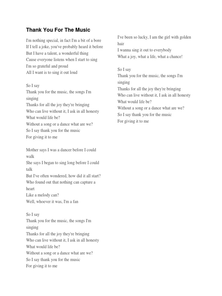 printable lyrics thank you for the music