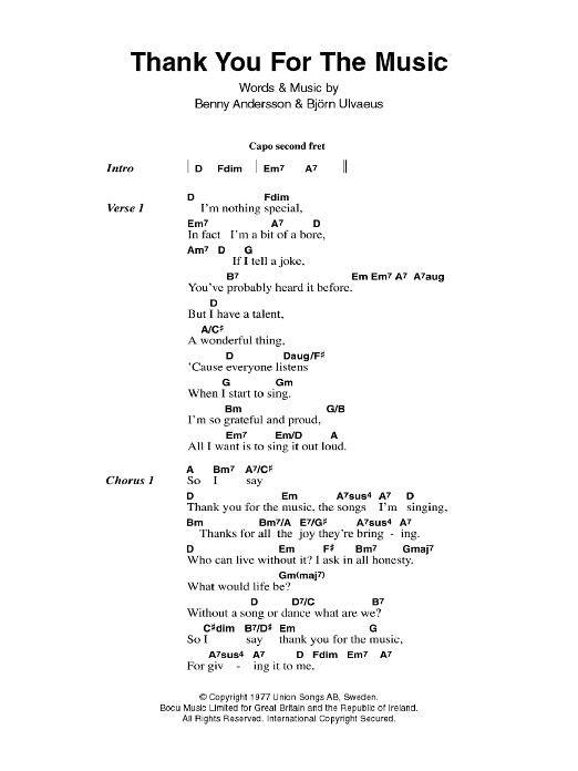 printable lyrics thank you for the music