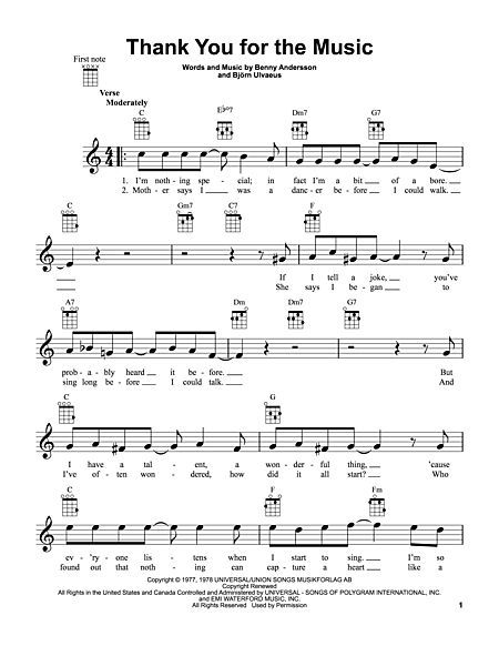 Thank You For The Music by ABBA - Ukulele - Digital Sheet Music