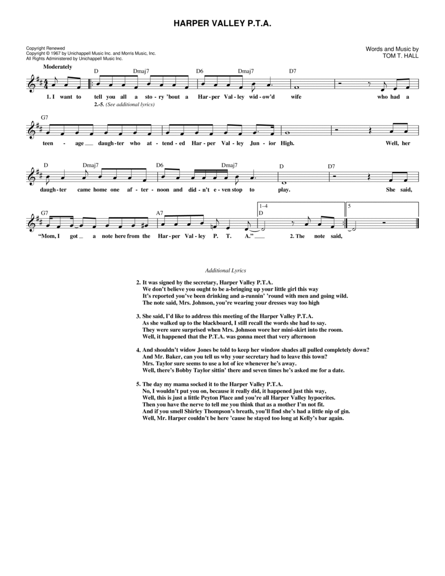 printable lyrics to harper valley pta