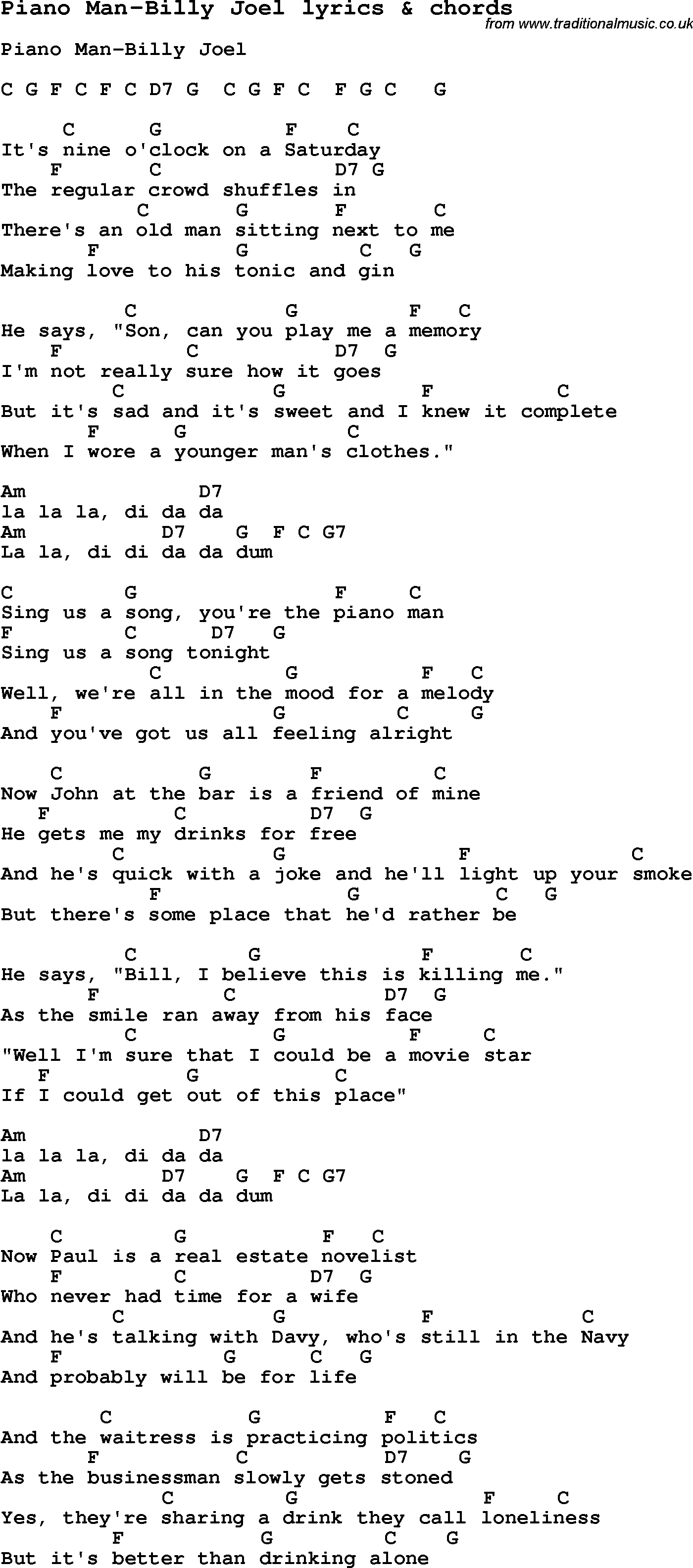 printable lyrics to piano man