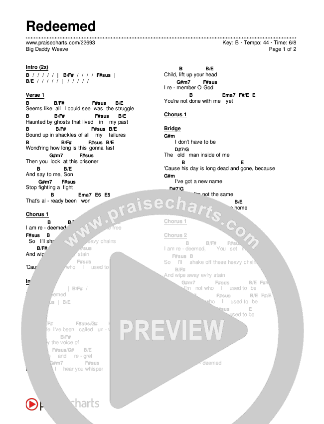 Redeemed Chords PDF (Big Daddy Weave) - PraiseCharts