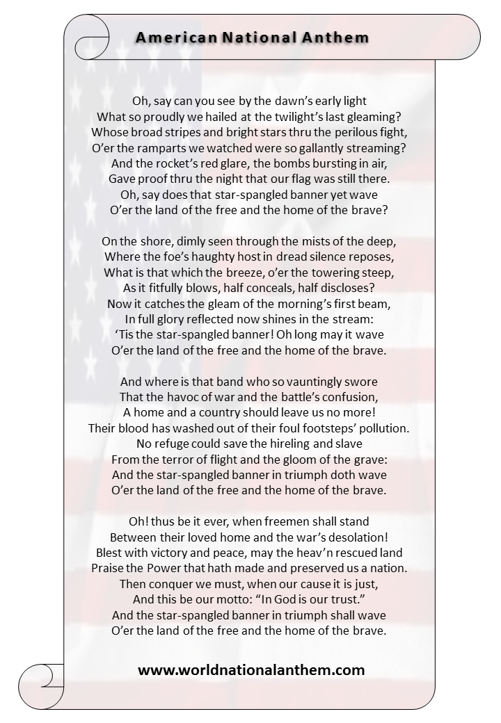 printable lyrics to the national anthem usa