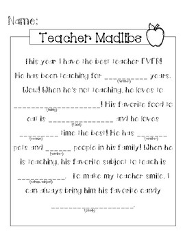Get To Know Your Teacher Madlibs by Apple Of Their Eye | TPT