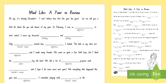 Mad Libs Worksheet - Year in Review (teacher made) - Twinkl