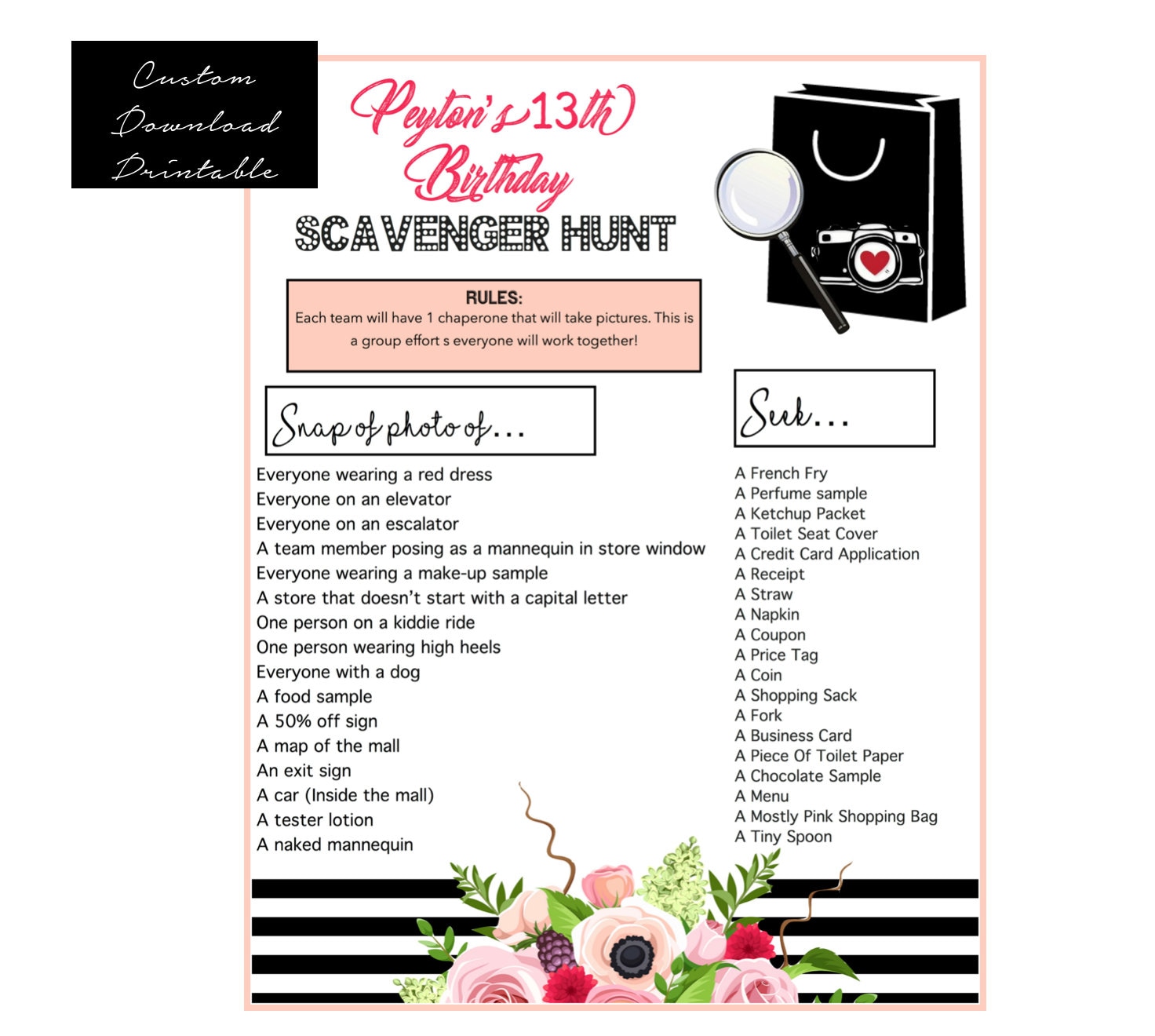 printable mall scavenger hunt list