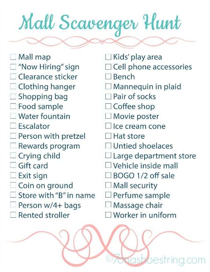 printable mall scavenger hunt list