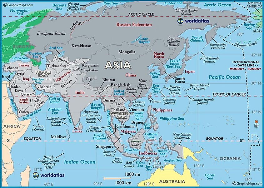 Large Map of Asia, Easy to Read and Printable
