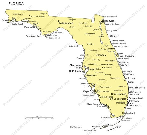Florida Outline Map with Capitals &  Major Cities- Digital Vector ...